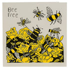 White greetings card with a yellow and black hand drawn be design with the words Bee Free
