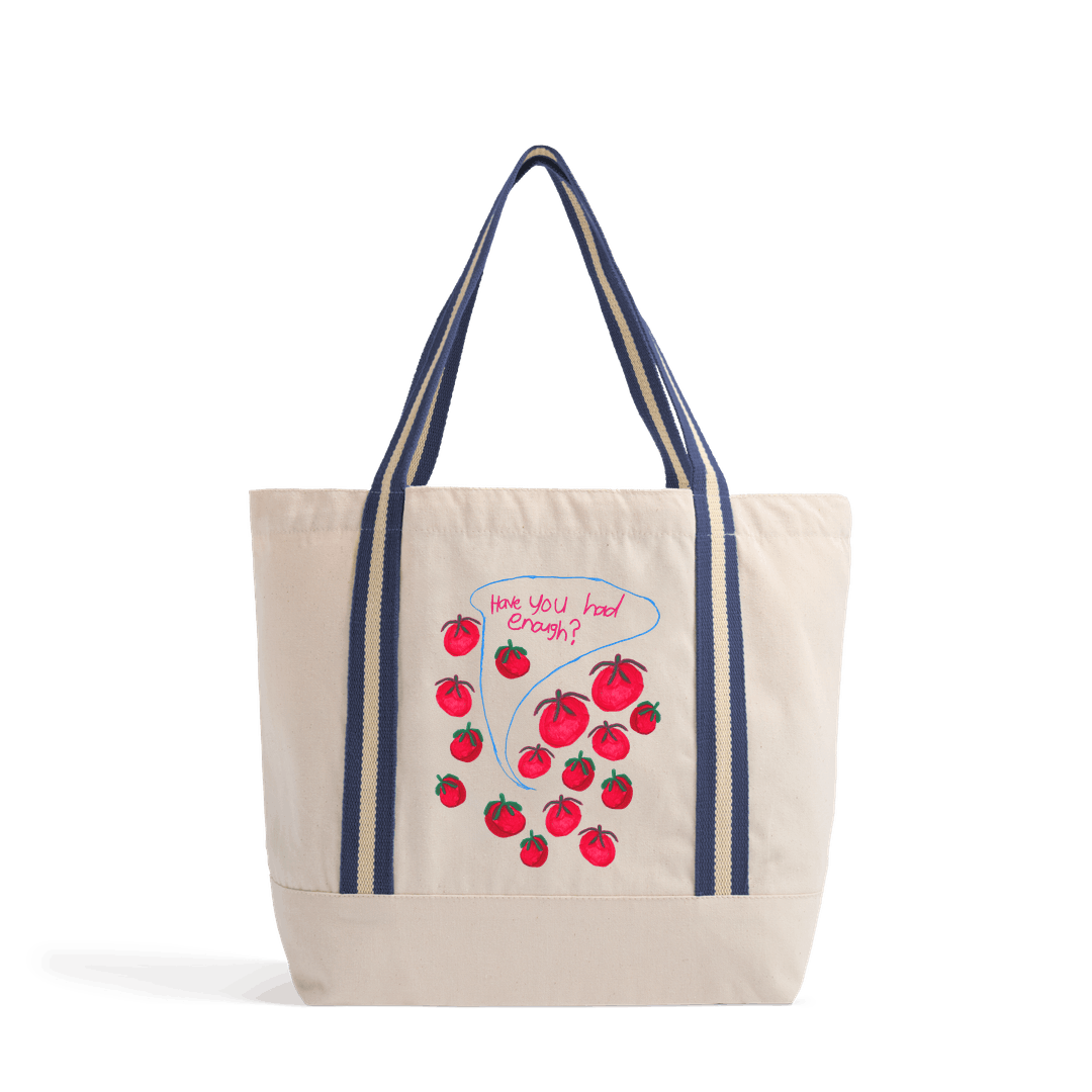 Natural/French Navy Heat Transfer Bag Front