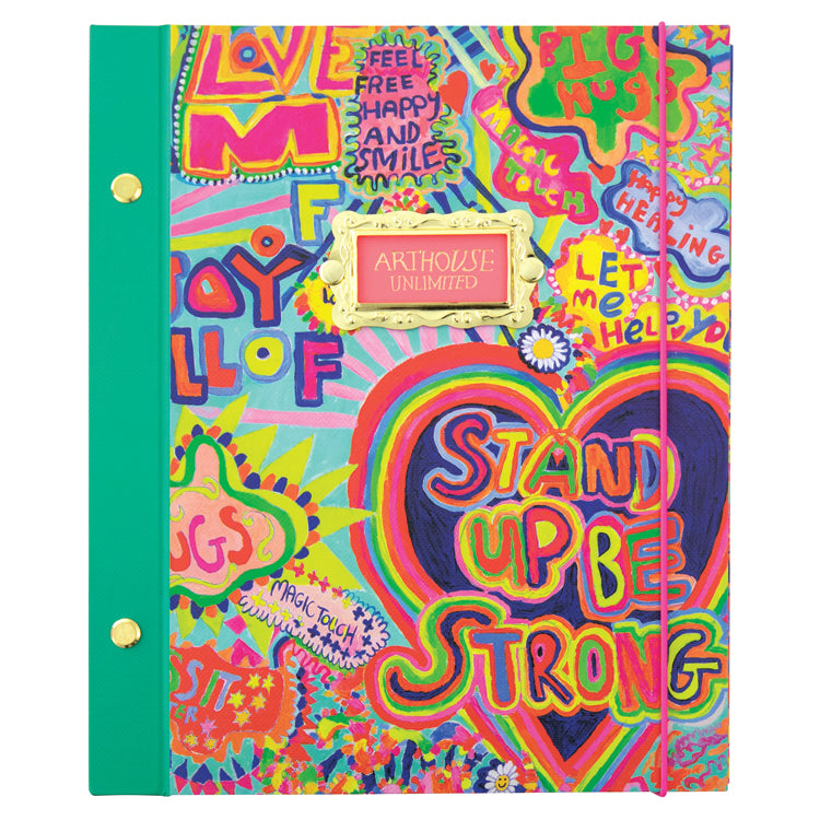 A colorful hardback journal with a design of various affirmations and hearts on the cover, titled 'Full of Joy'. It includes a gold metal name plate and has an elastic closure.