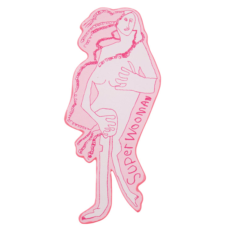 A pink bookmark with a character design resembling the Venus de Milo statue, with the text 'SUPERWOMAN' across the bottom.