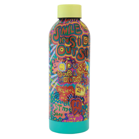 A multicolored insulated water bottle with vibrant, psychedelic artwork featuring text and abstract shapes.