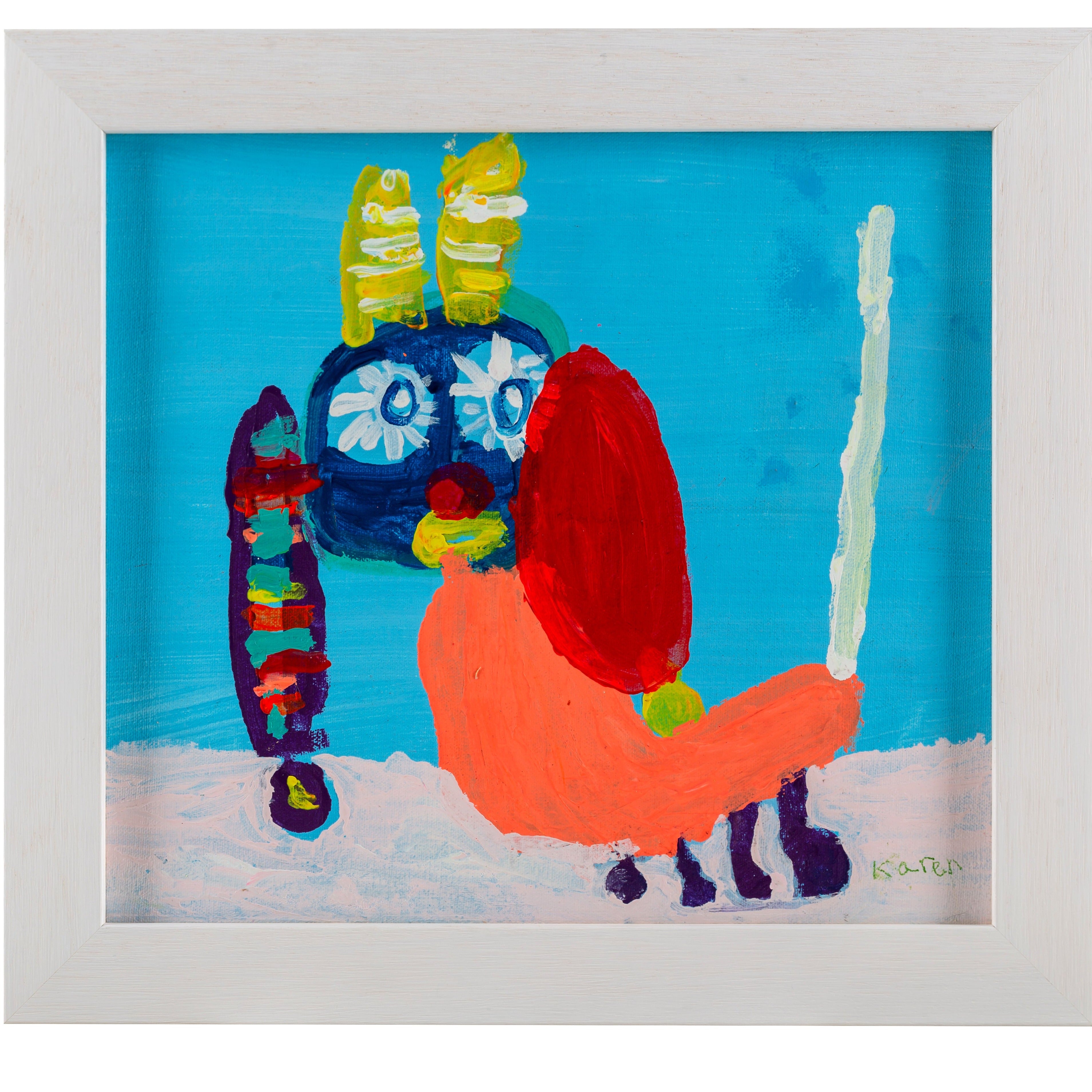 Framed painting of a colourful dog in blues and oranges with a happy face