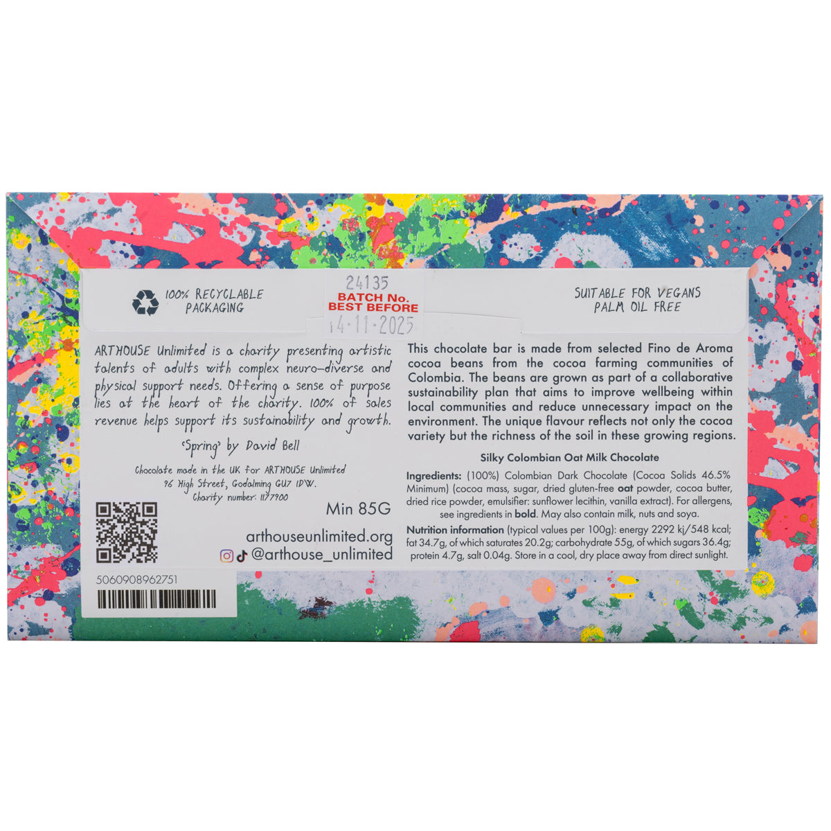 Back of packet of Spring silky oat milk chocolate bar