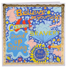 A greetings card with a colorful design featuring the phrases 'believe', 'courage', 'strength', and 'proud' surrounded by various symbols like stars, clouds, and an airplane.