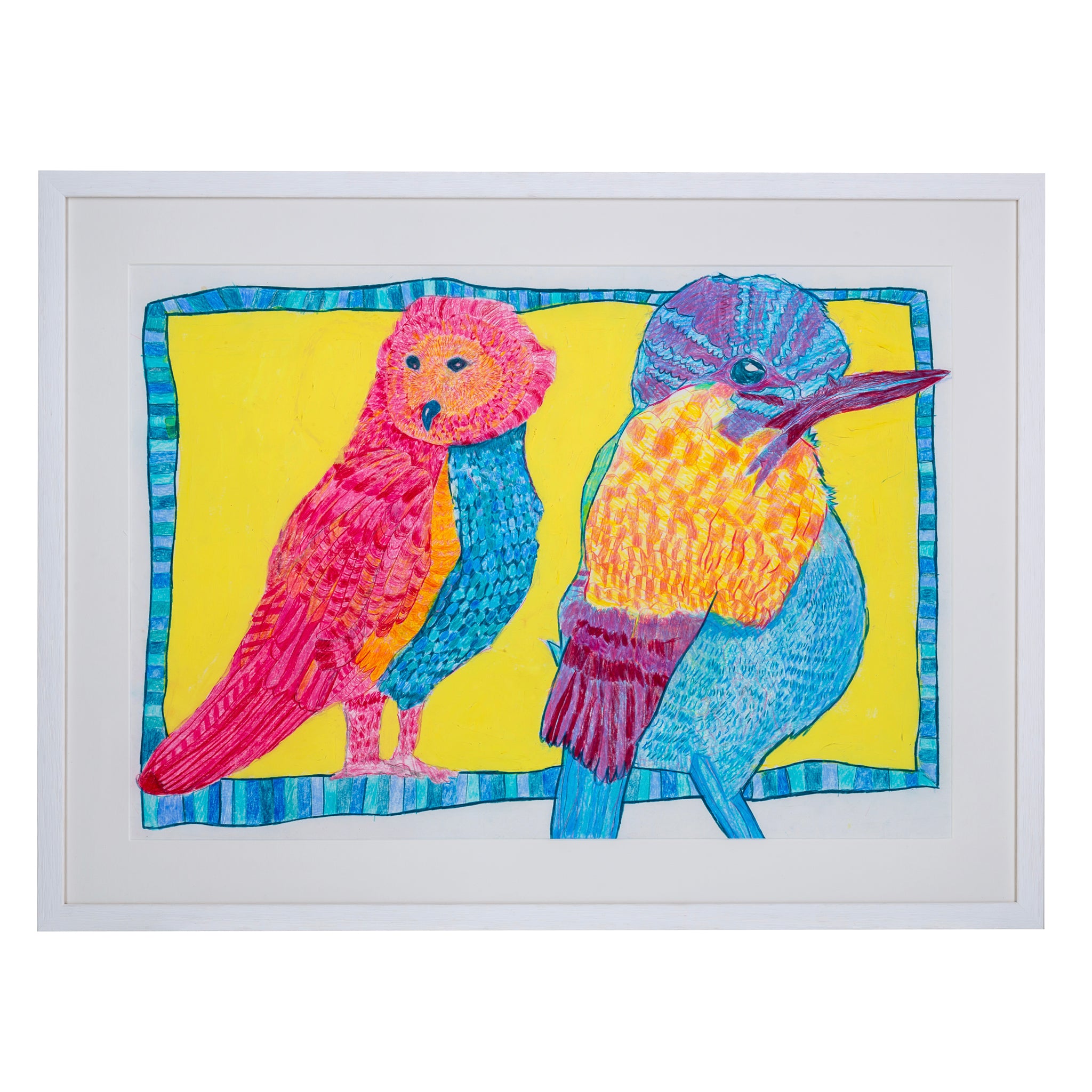 Framed drawing of two pink, yellow and blue birds 