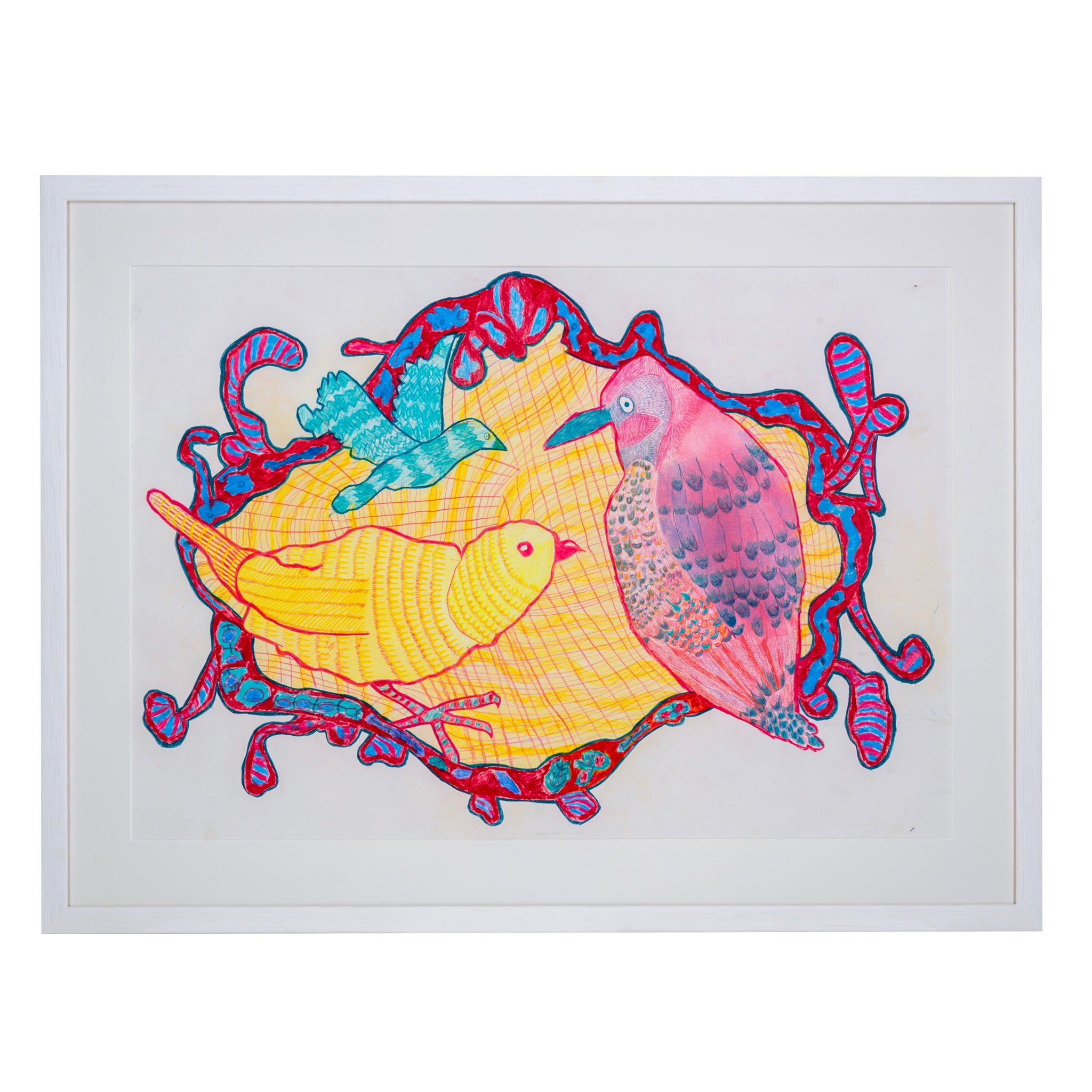 Framed painting of blue, pink and yellow birds