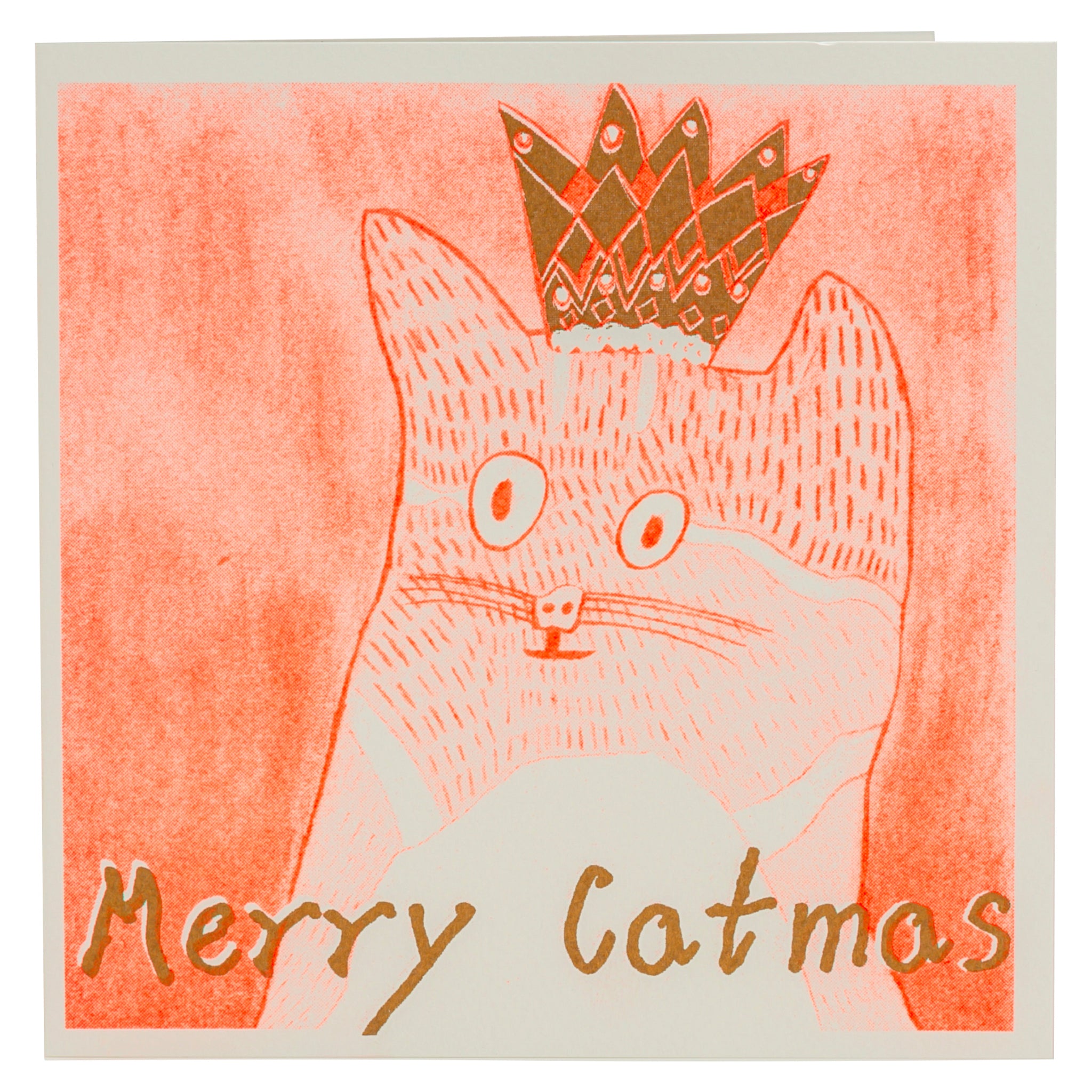 An orange and gold hand drawn christmas card with a picture of a cat and the words merry catmas