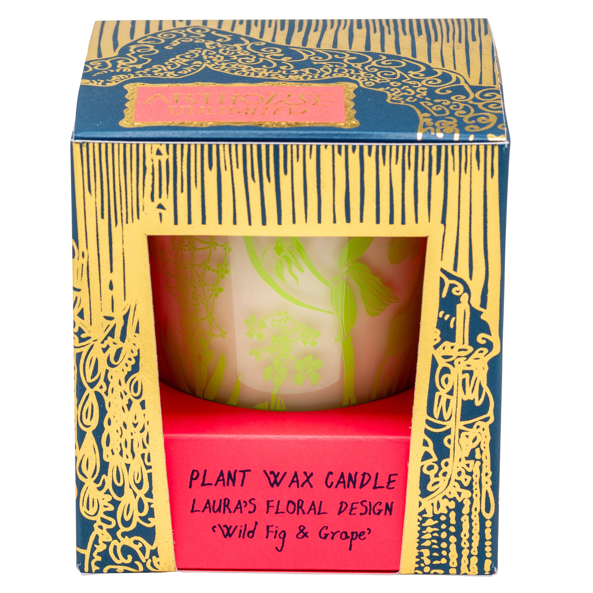 Laura's Floral, Wild Fig & Grape Plant Wax Candle in gold pink and blue box