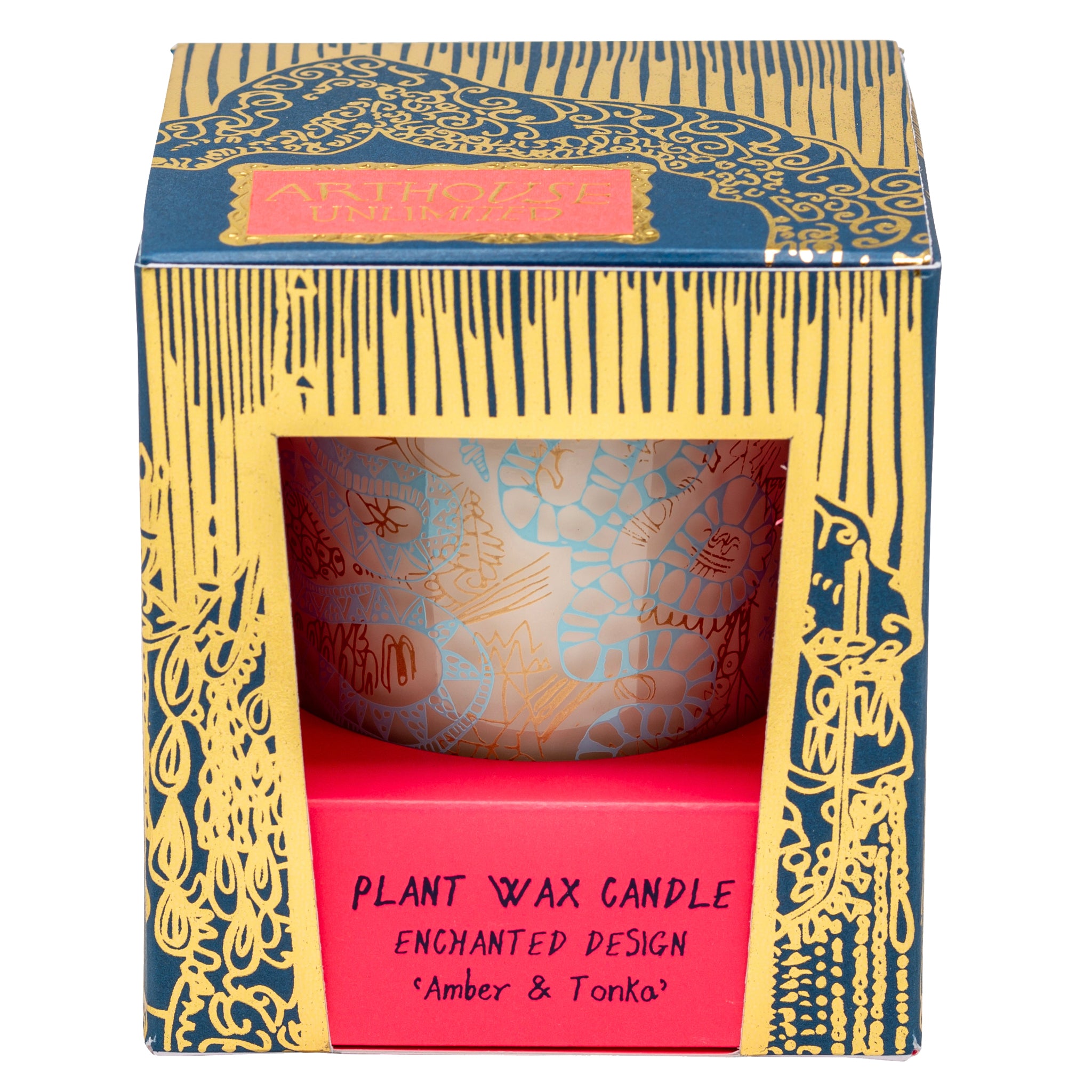 Enchanted, Amber & Tonka Bean Scented Plant Wax Candle in blue, pink and gold box