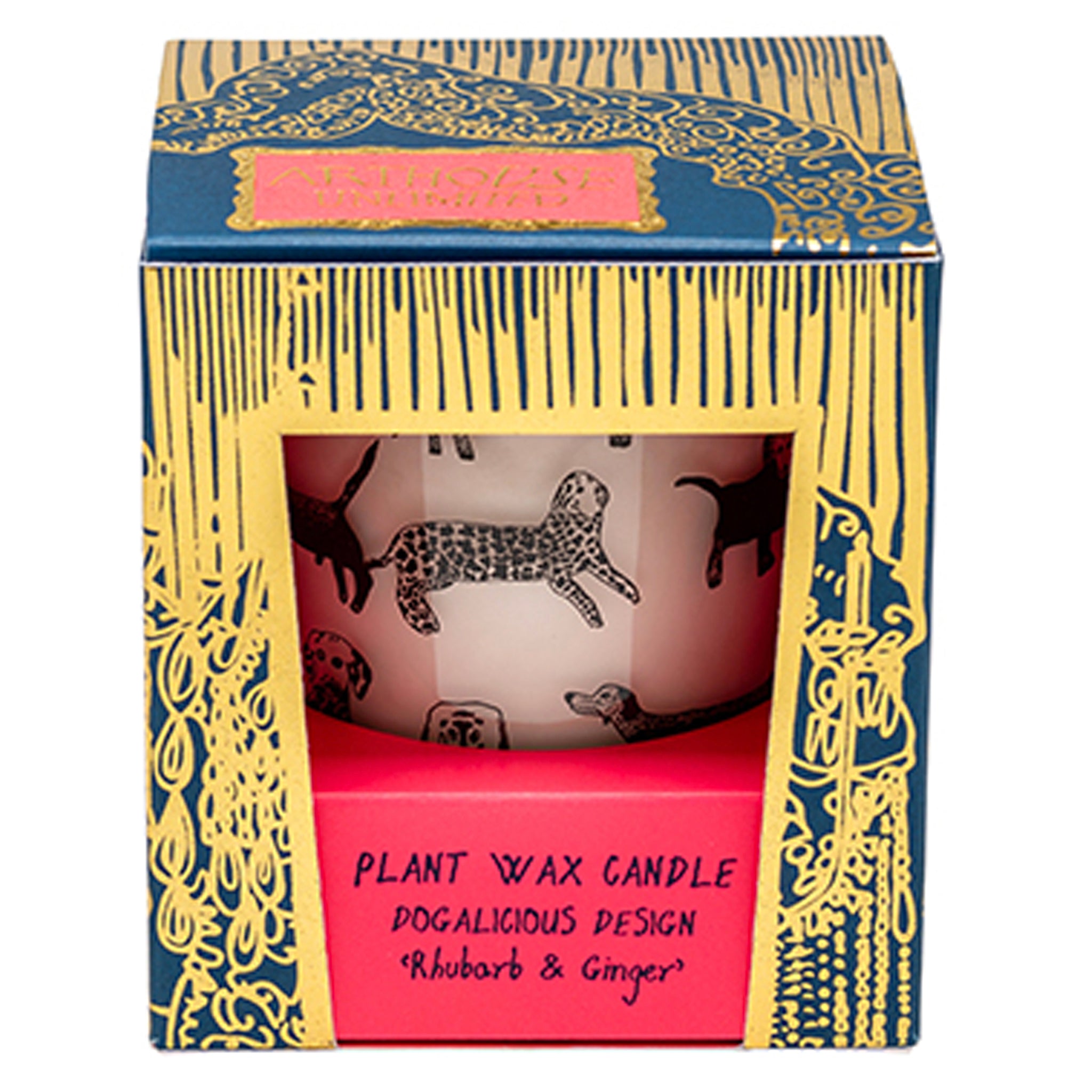 Dogalicious, Rhubarb & Ginger Plant Wax Candle in blue, pink and gold box