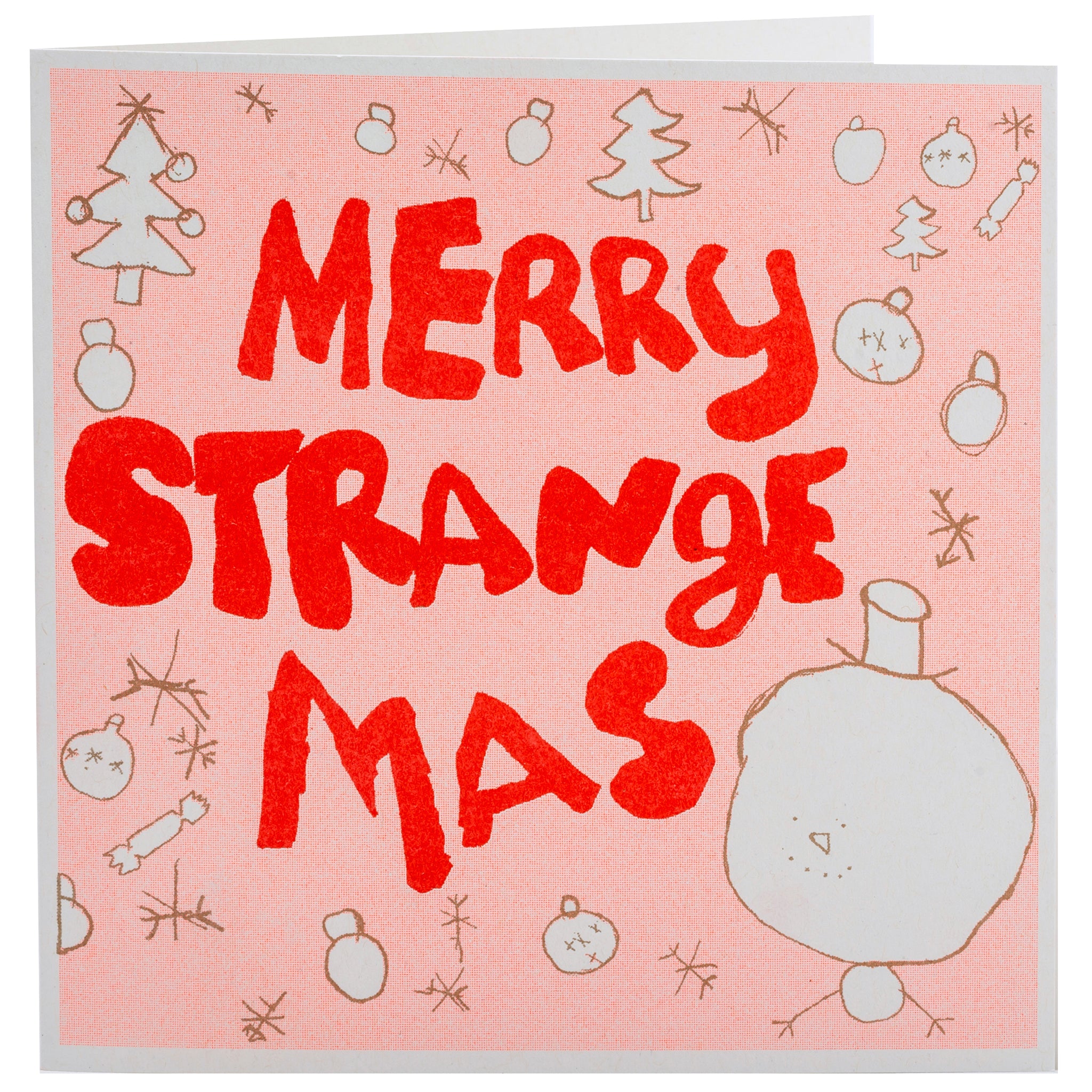A red, pink and gold hand drawn card with the words merry strange mas