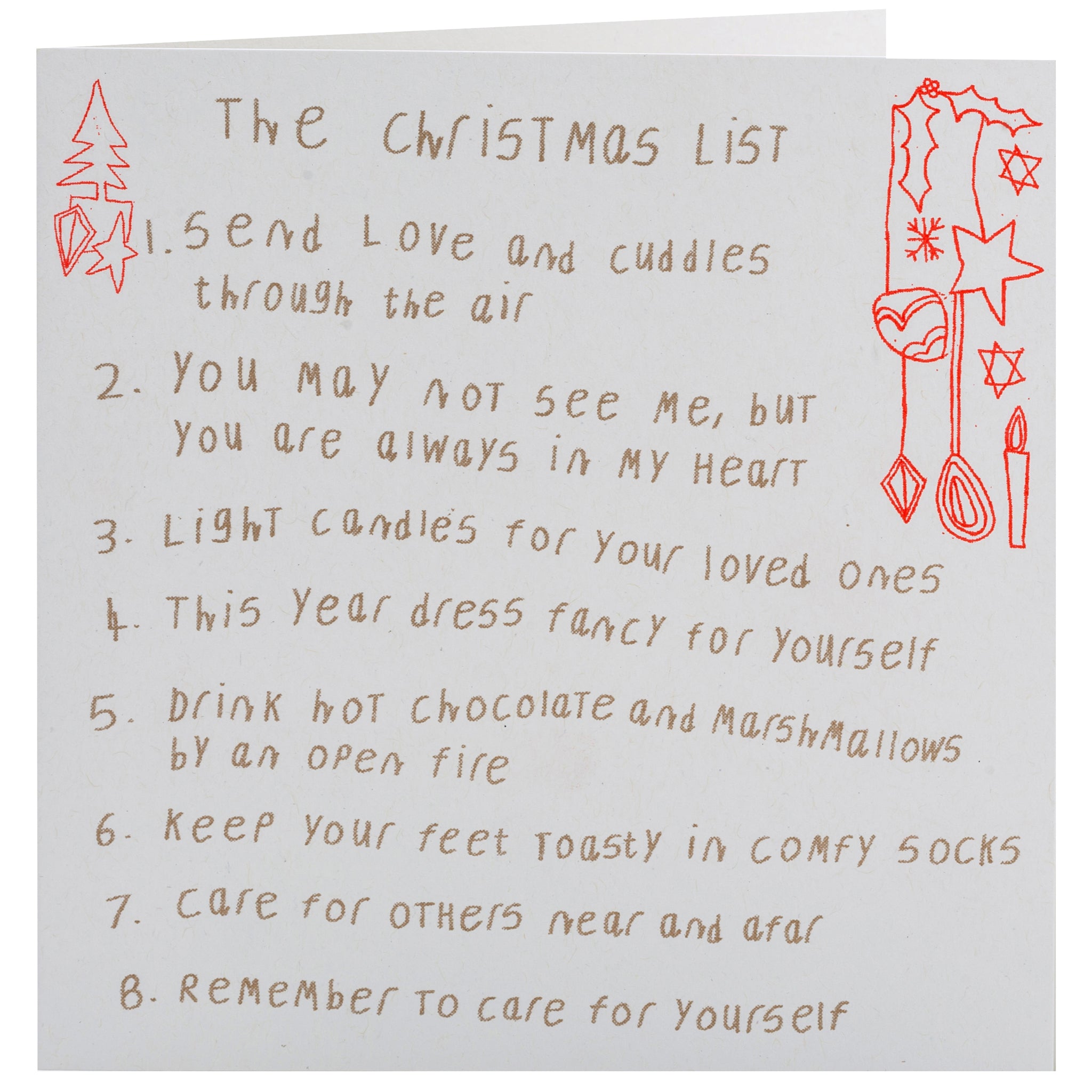A white card with hand drawn words 'the christmas list' with a list below