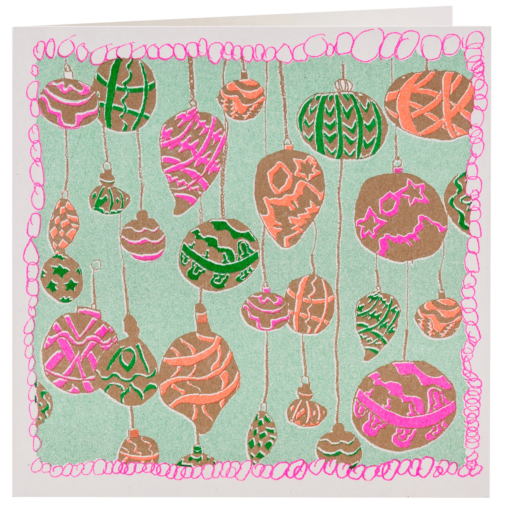 A pink, gold, orange and green christmas card with several drawn baubles 