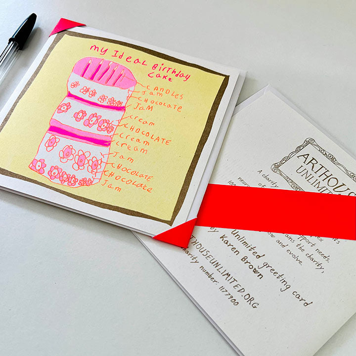 A pink, yellow and gold card with a hand drawn birthday cake and the words my ideal birthday cake 