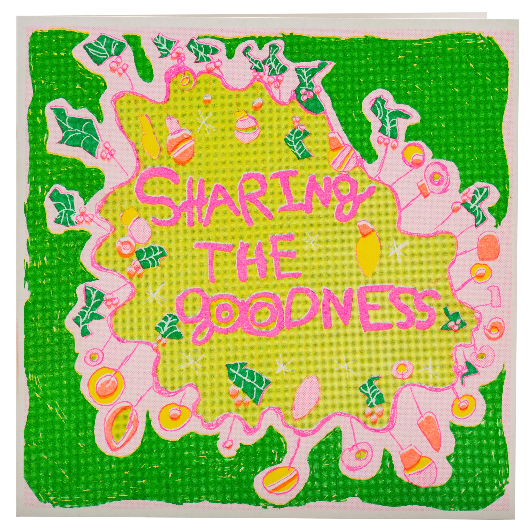 A hand drawn pink and green card with the words sharing the goodness