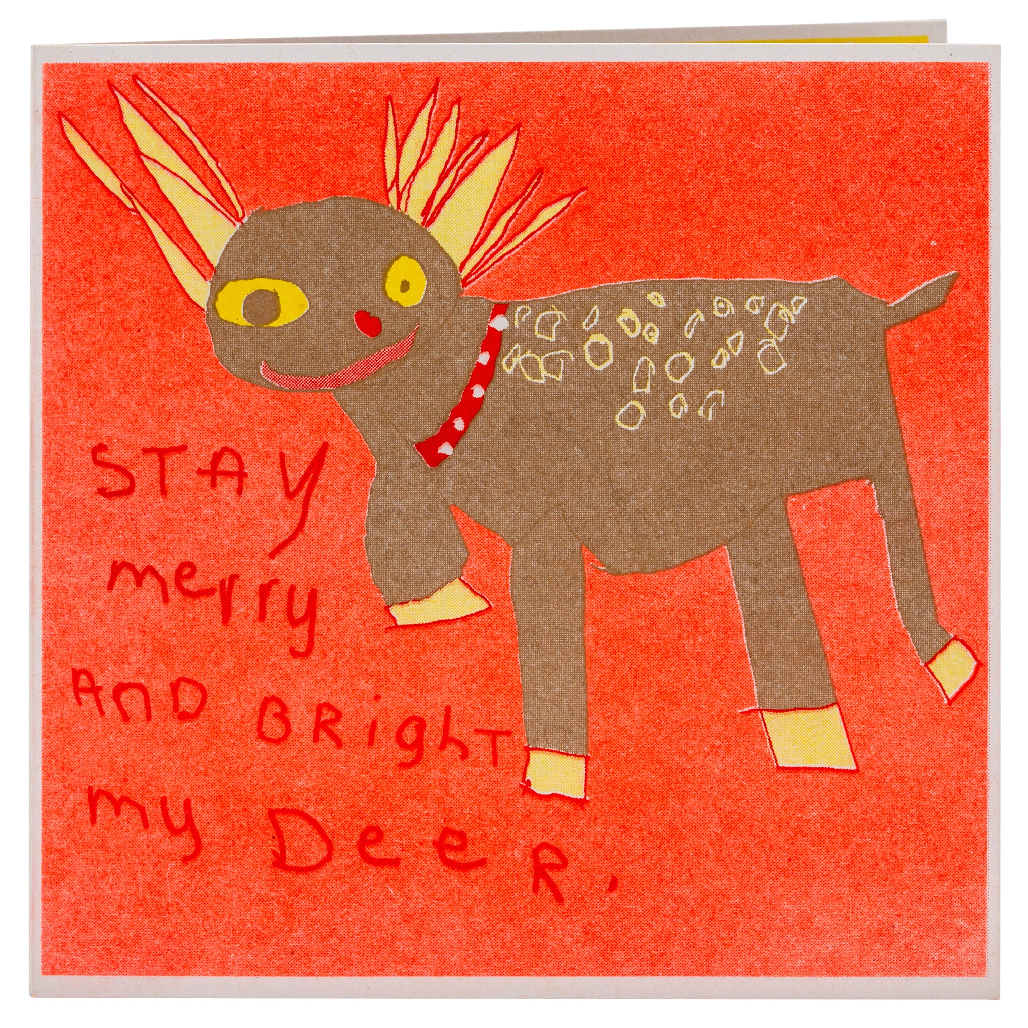 An orange, gold and yellow card with a hand drawn deer and the words stay merry and bright my deer