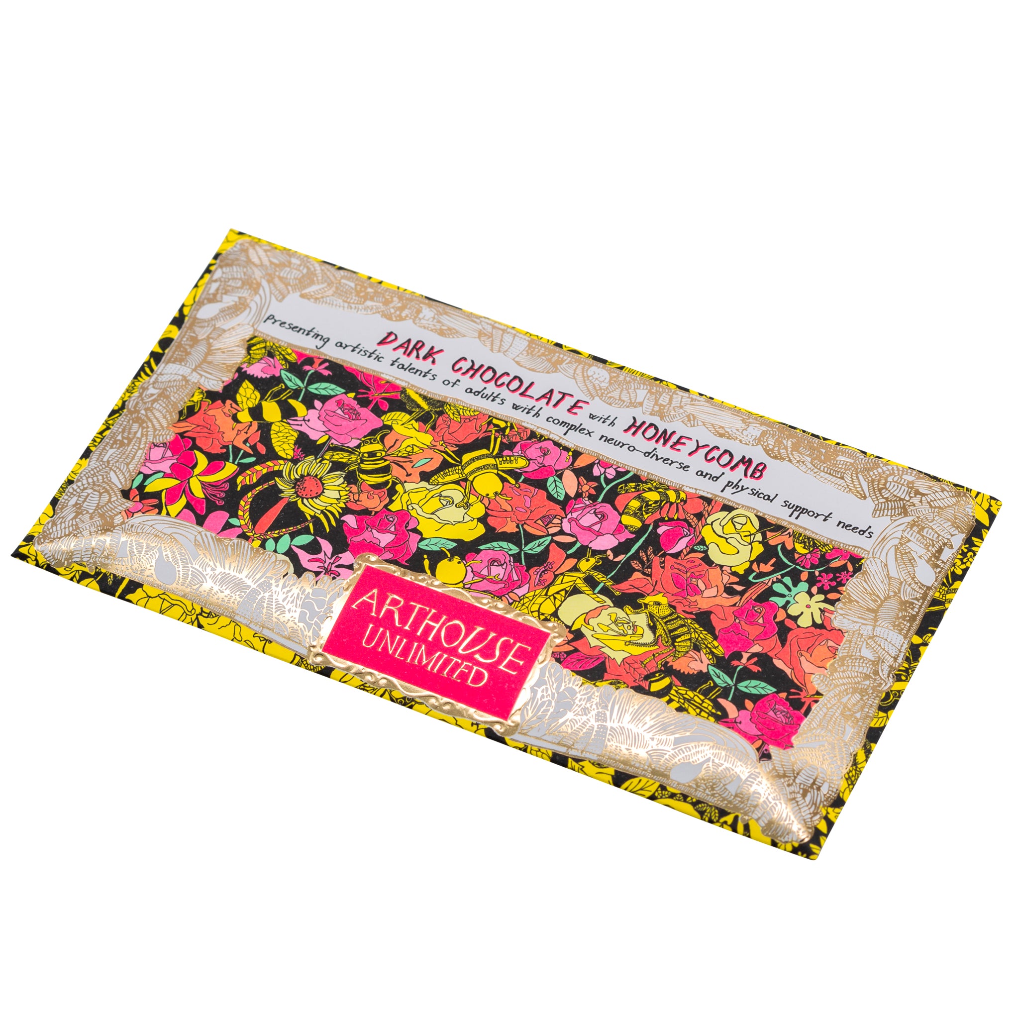 pink, orange, yellow and gold packet of Bee Free, Dark Chocolate Bar with Honeycomb