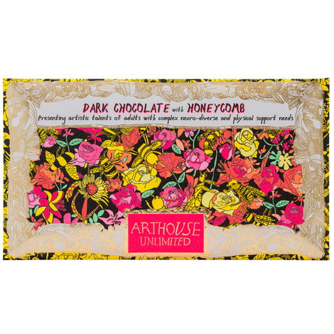 pink, orange, yellow and gold packet of Bee Free, Dark Chocolate Bar with Honeycomb