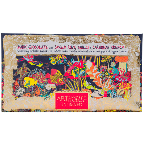 Front of Angels of The Deep, dark chocolate bar with spiced rum, chilli and caribbean crunch