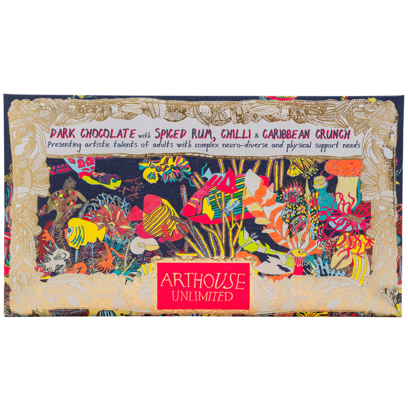 Front of Angels of The Deep, dark chocolate bar with spiced rum, chilli and caribbean crunch