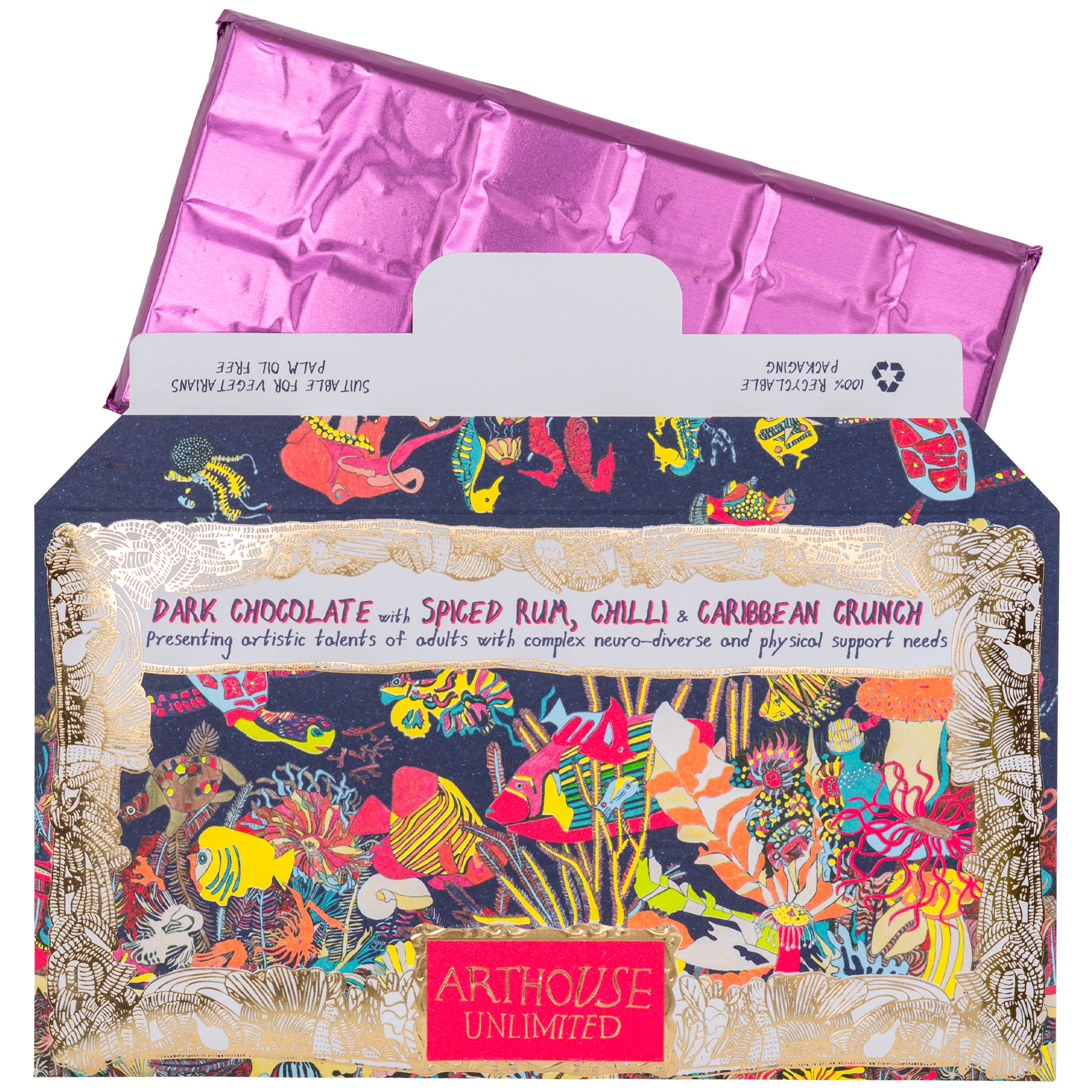 open bar of Angels of The Deep dark chocolate with spiced rum chilli Caribbean crunch chocolate bar with pink foil