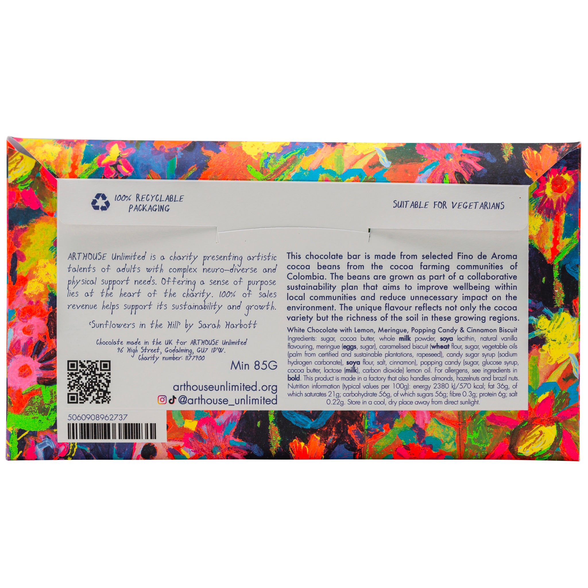 back oc Sunflowers in the Hills, White Chocolate Bar with Lemon Meringue, Popping Candy & Cinnamon Biscuit Crunch