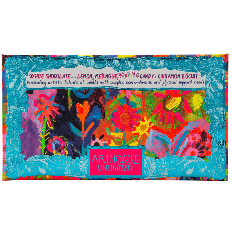 Bright coloured Sunflowers in the Hills, White Chocolate Bar with Lemon Meringue, Popping Candy & Cinnamon Biscuit Crunch