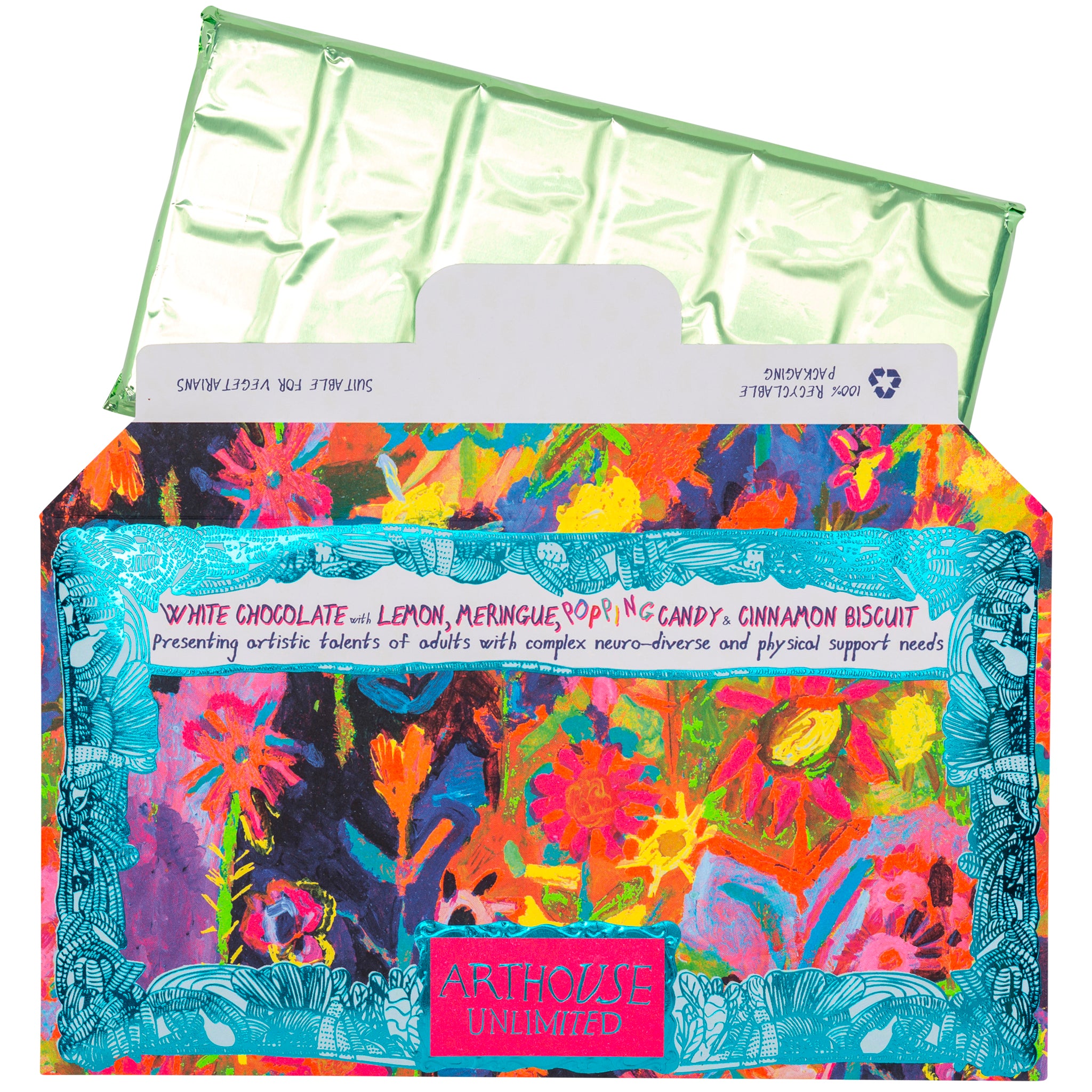 Open packet of Sunflowers in the Hills, White Chocolate Bar with Lemon Meringue, Popping Candy & Cinnamon Biscuit Crunch with green foil