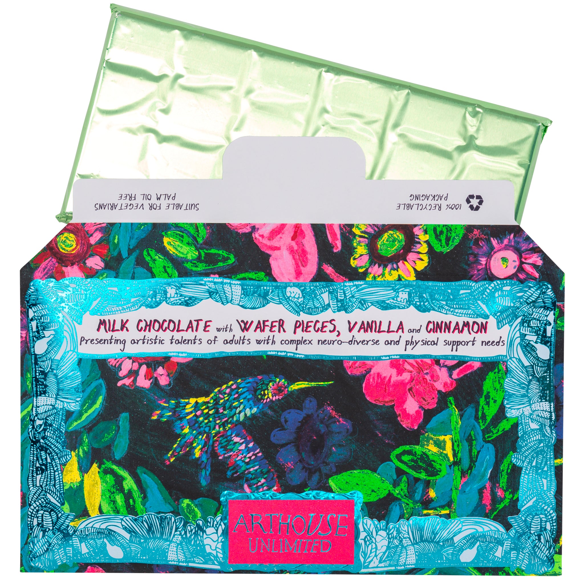 Open bar of Sweet Nectar, Milk Chocolate Bar with Wafer Pieces, Vanilla & Cinnamon with green foil