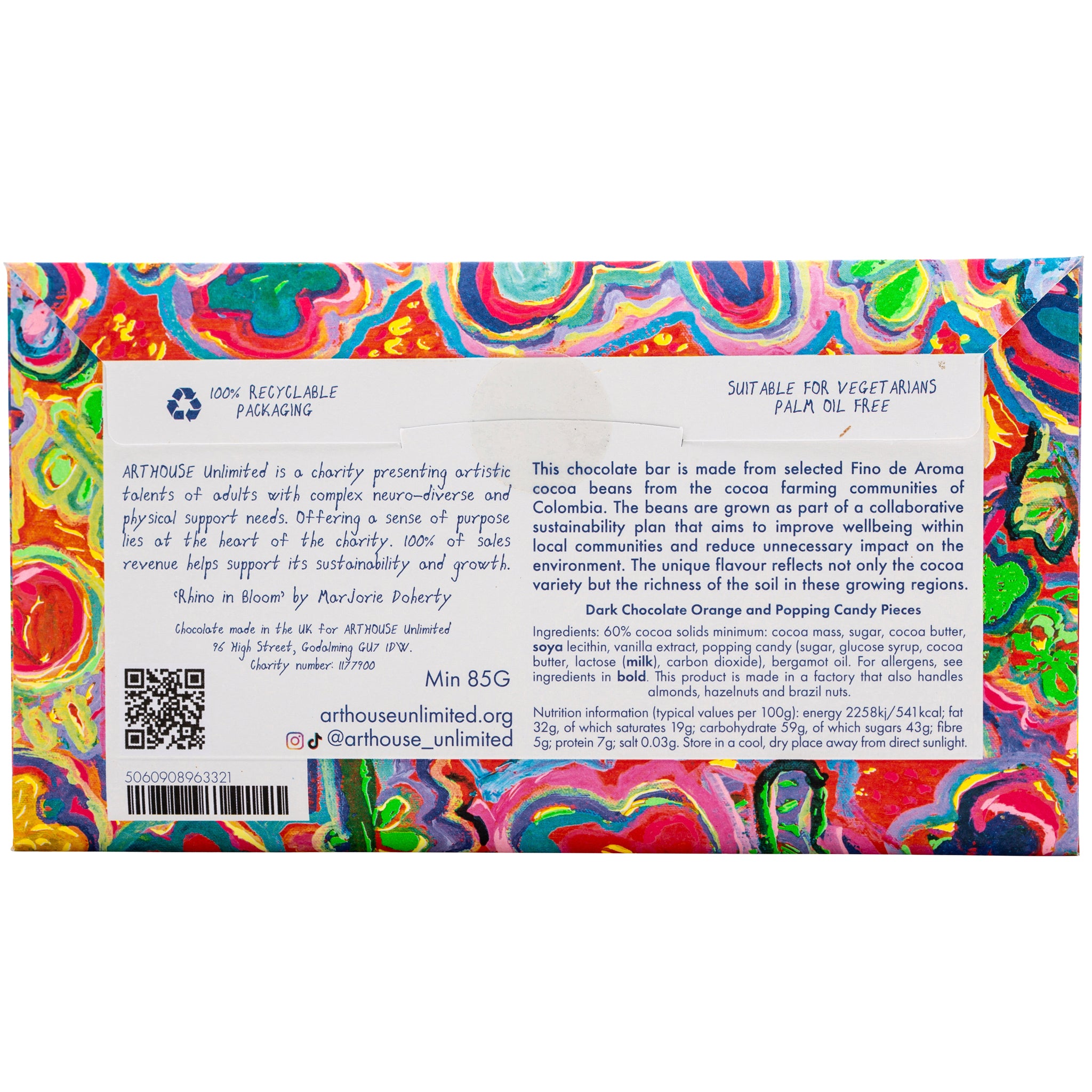 back of Rhino in Bloom, Dark Chocolate Bar with Orange & Popping Candy pieces