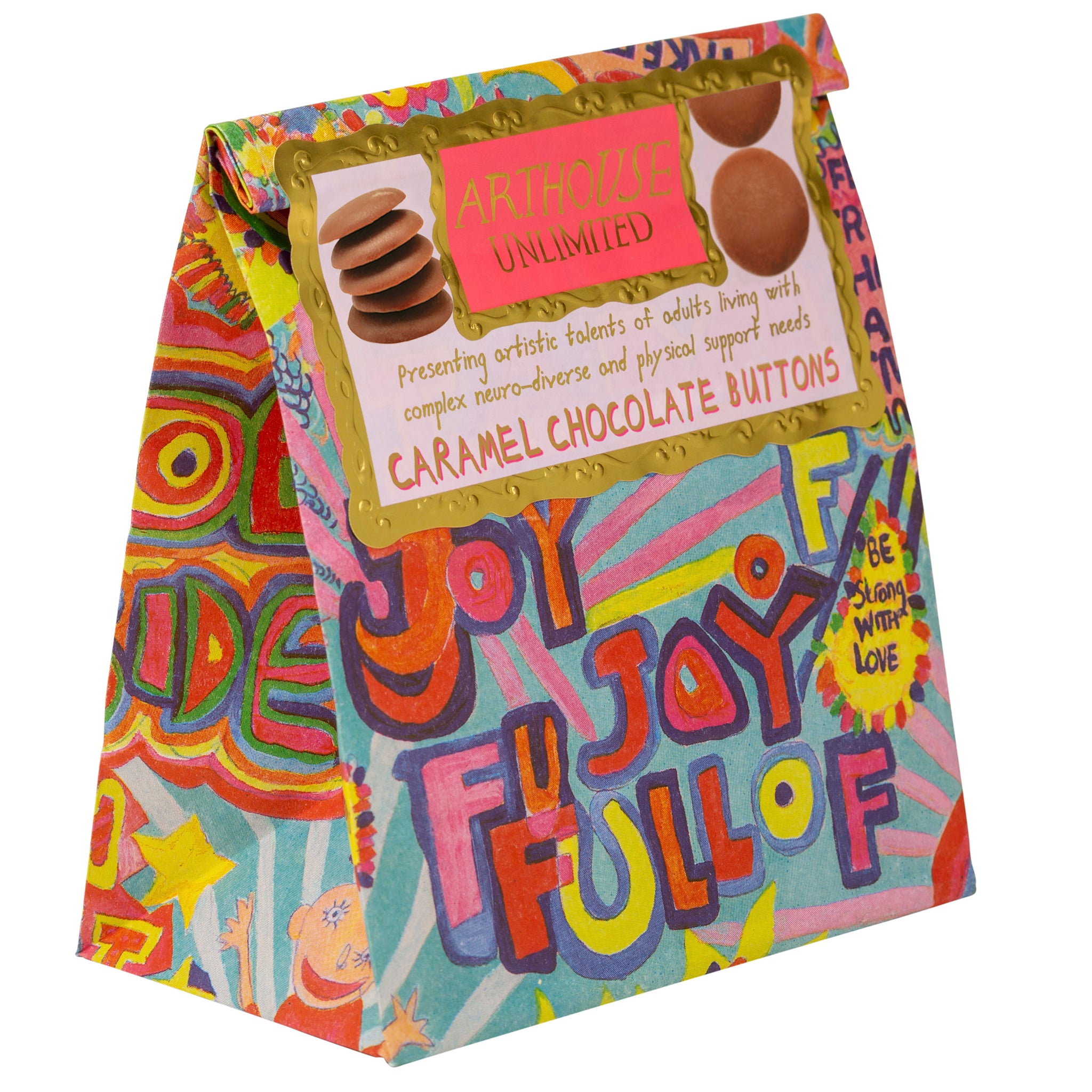 Bright and colourful packet of Bright and colourful packet of Full of Joy, Caramel Chocolate Buttons