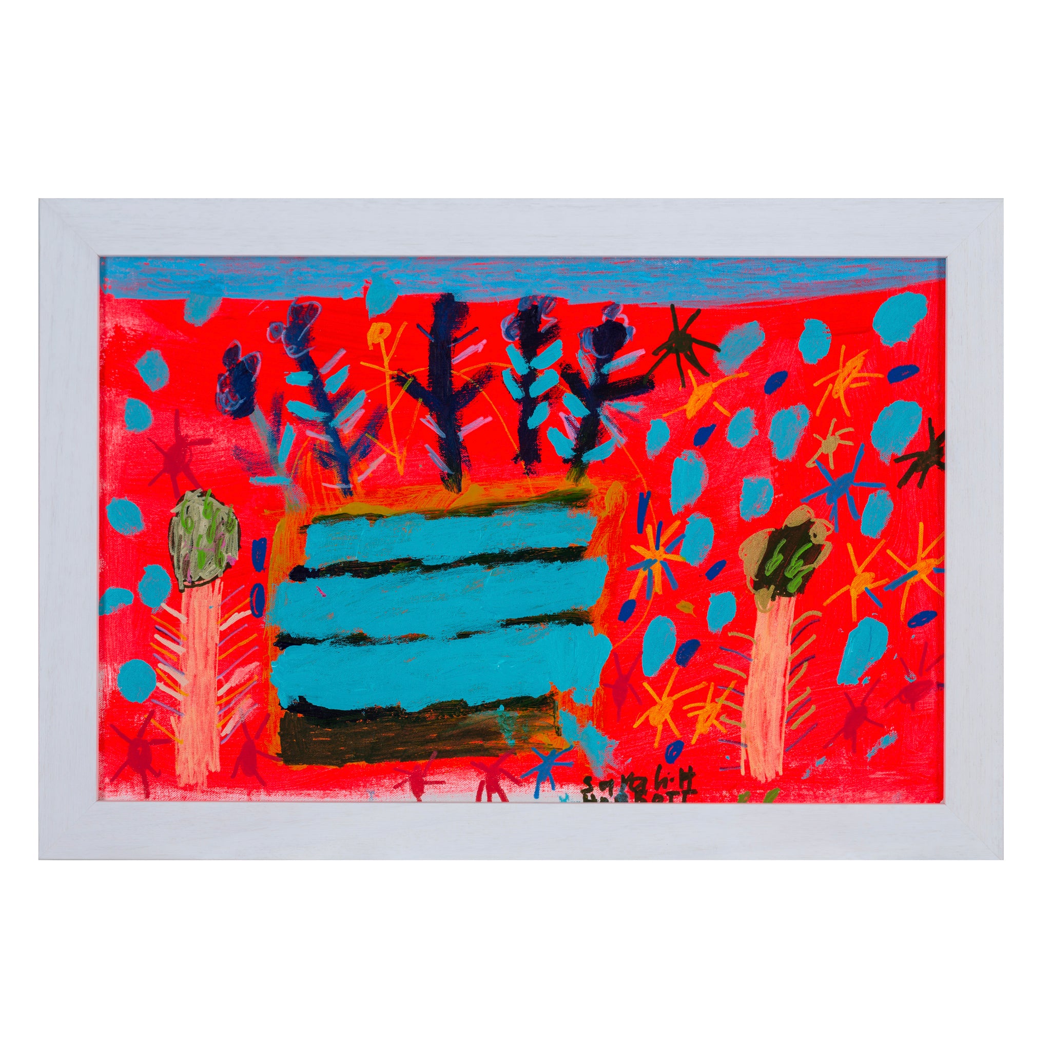 Framed painted artwork of a celebration cake in reds and blues called Celebrate and Decorate