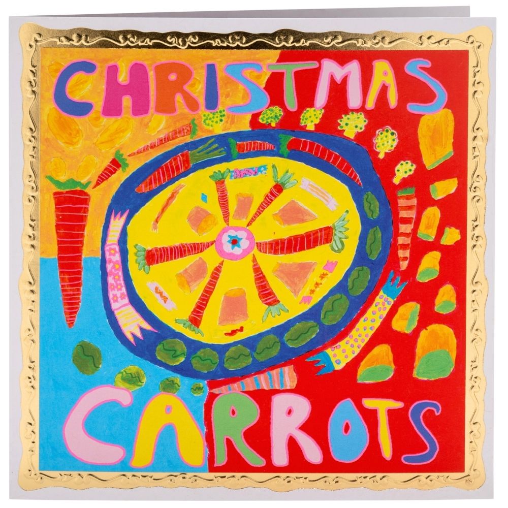 Bright and colourful festive card featuring illustrations of carrots and brussels sprouts.