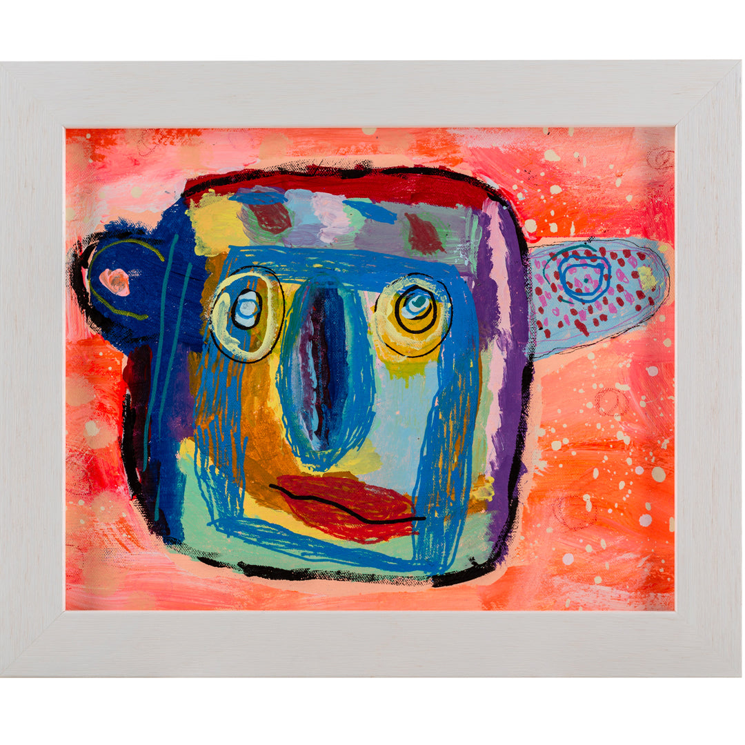 Framed abstract painting of a man with a blue face and large ears and nose