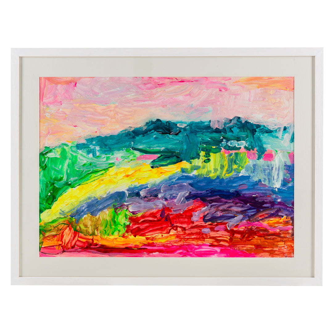 Framed painting of a colourful landscape