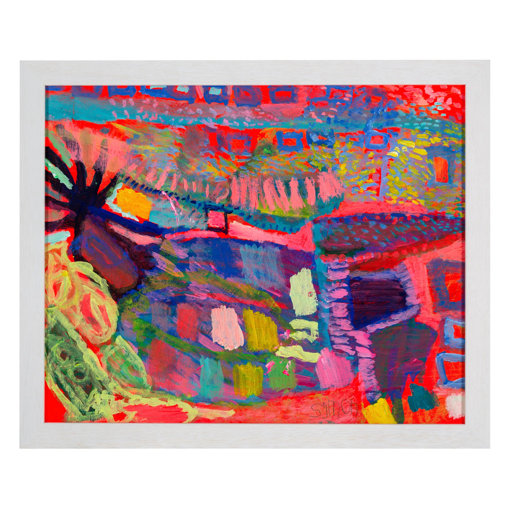 Framed bright coloured abstract painting called Country Garden