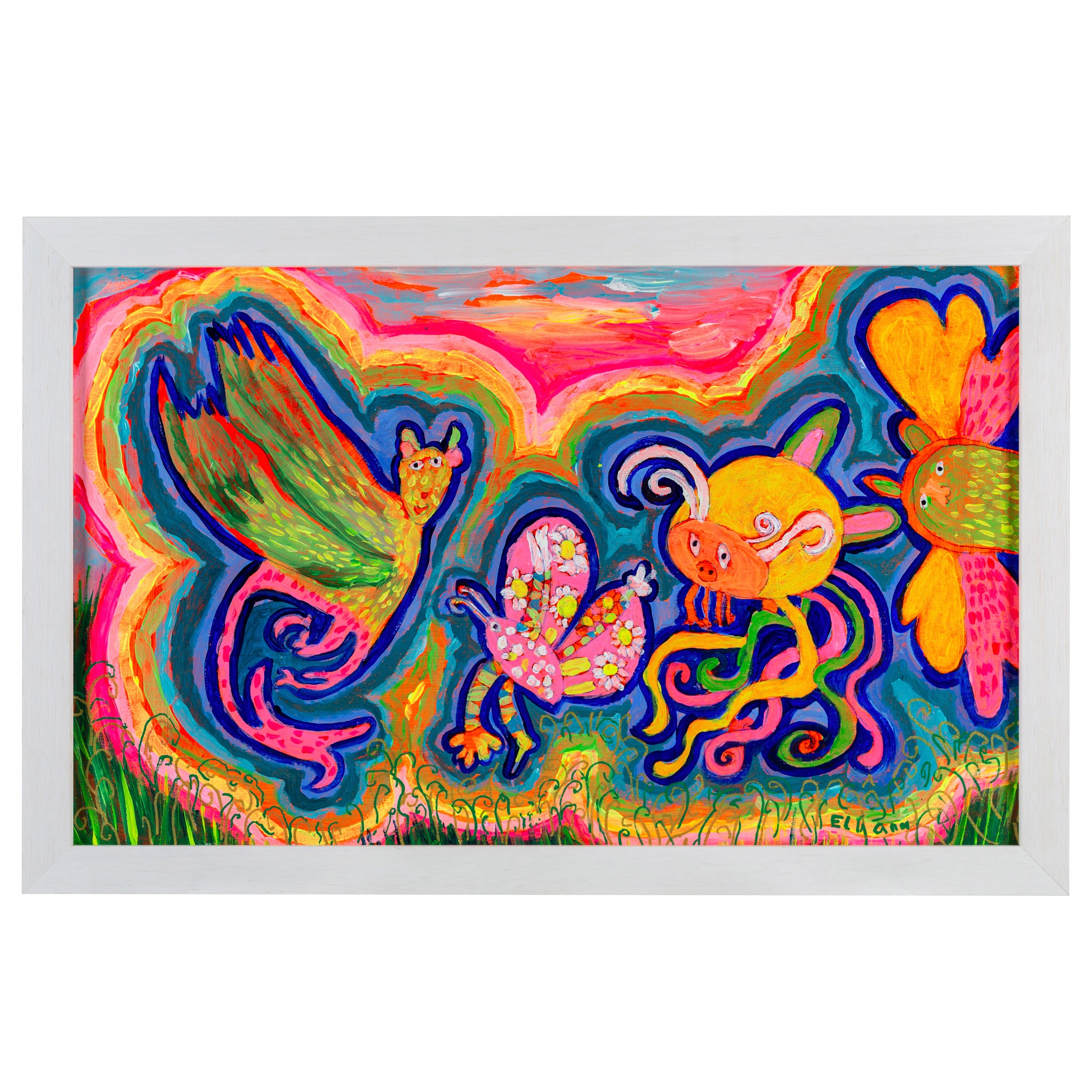 A framed bright coloured painting of strange creatures called Flying Fun with the Friends in the Field