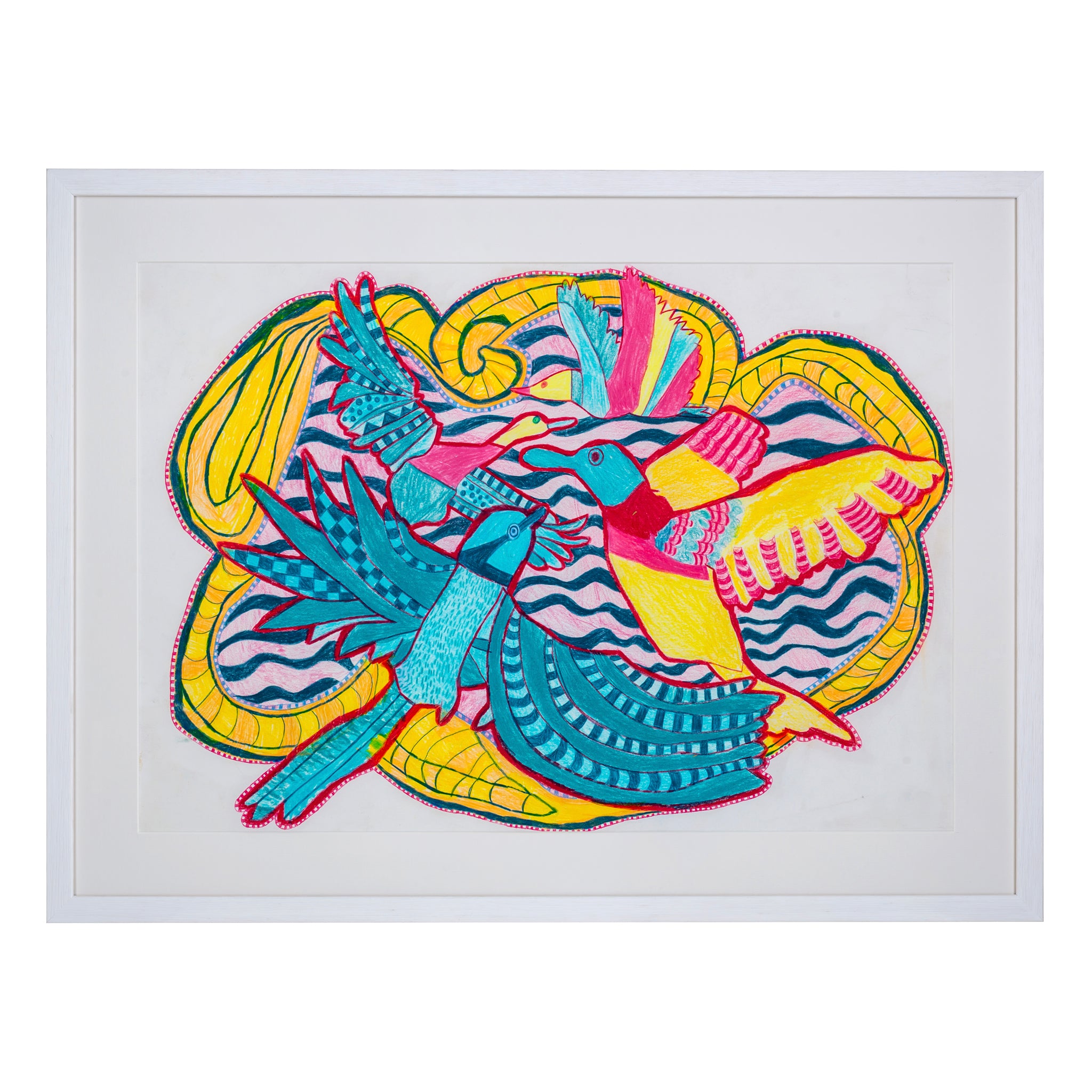 Framed drawing of four blue, yellow and pink birds 