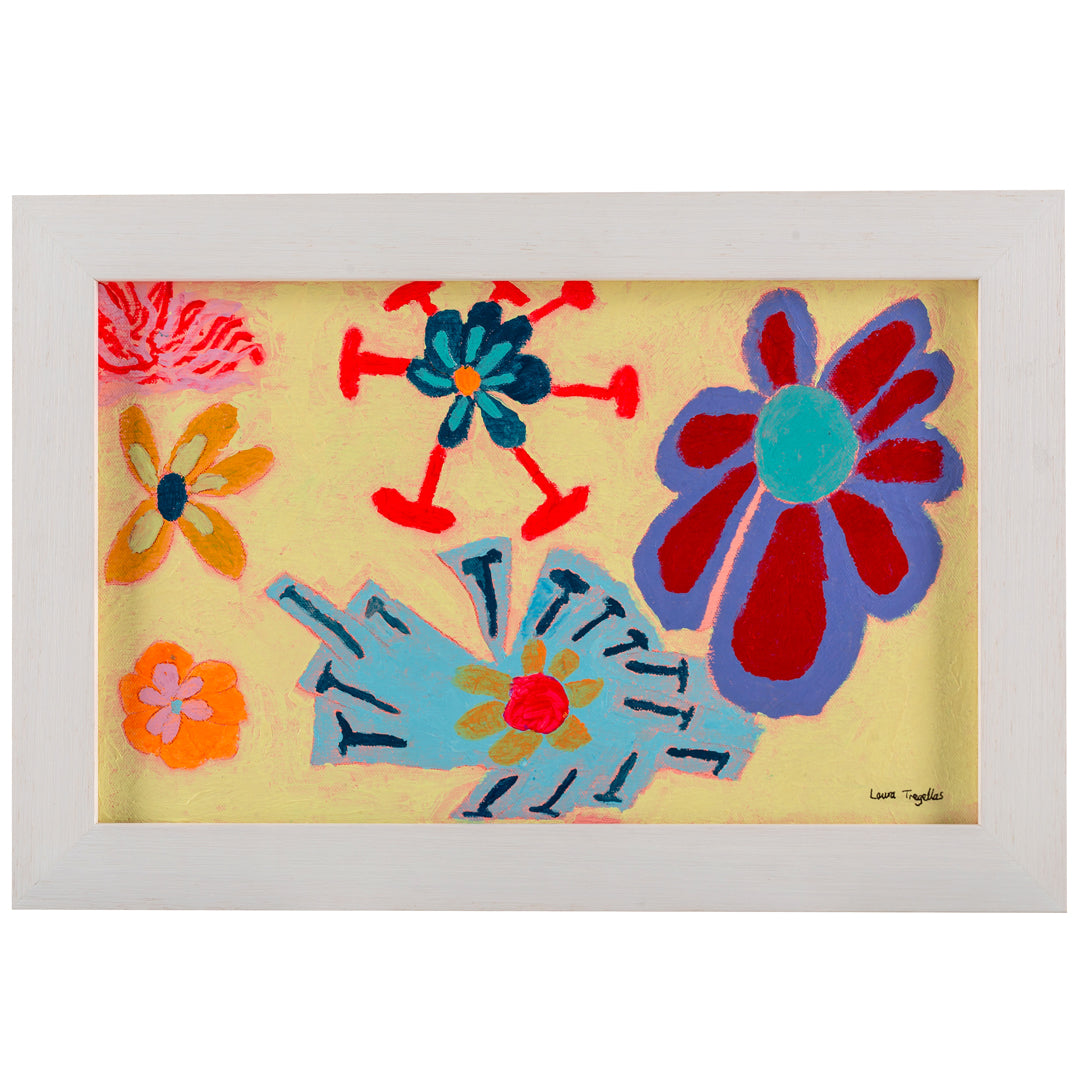 Framed painting of flowers in blues, purples and yellow