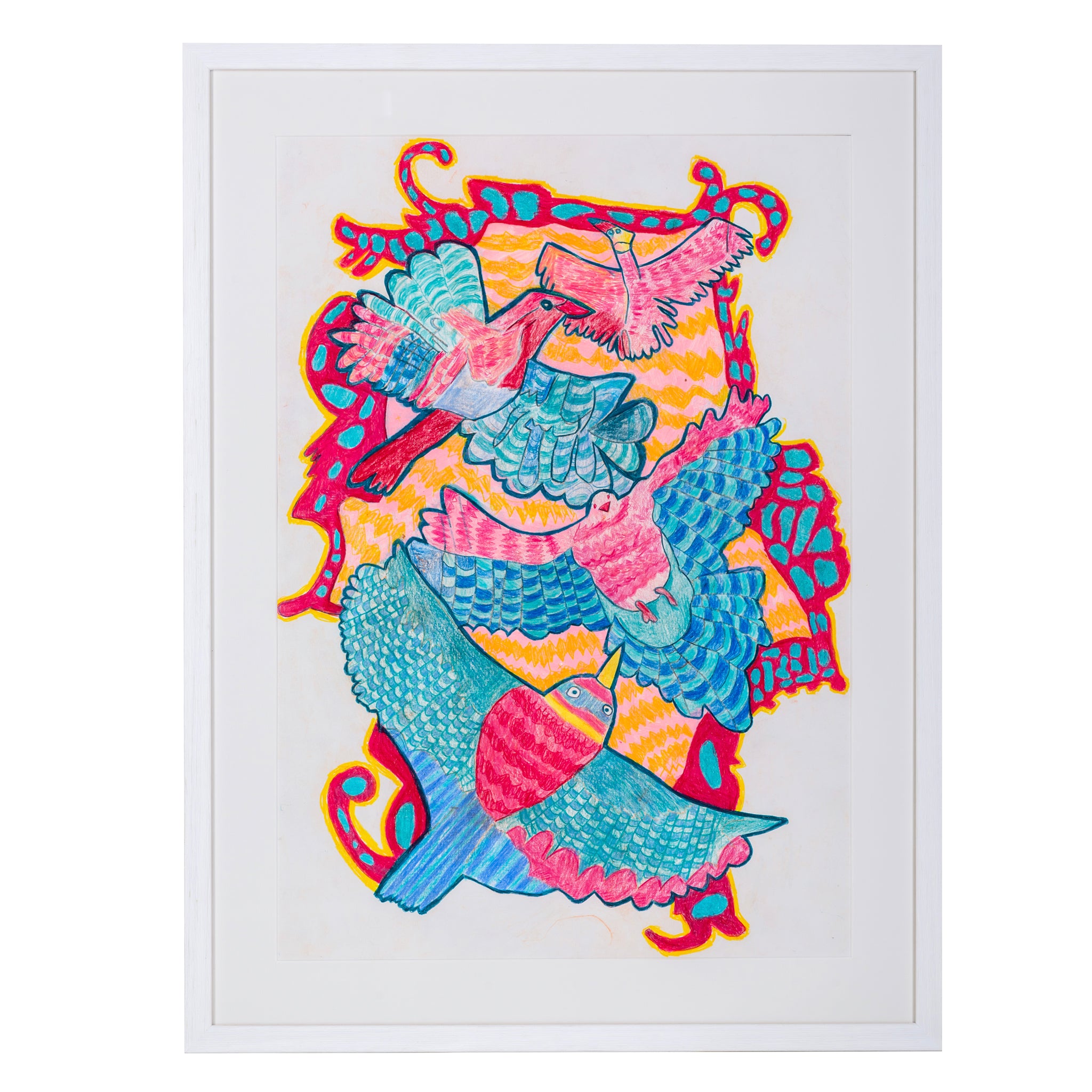 Framed drawing of four blue, pink and yellow birds