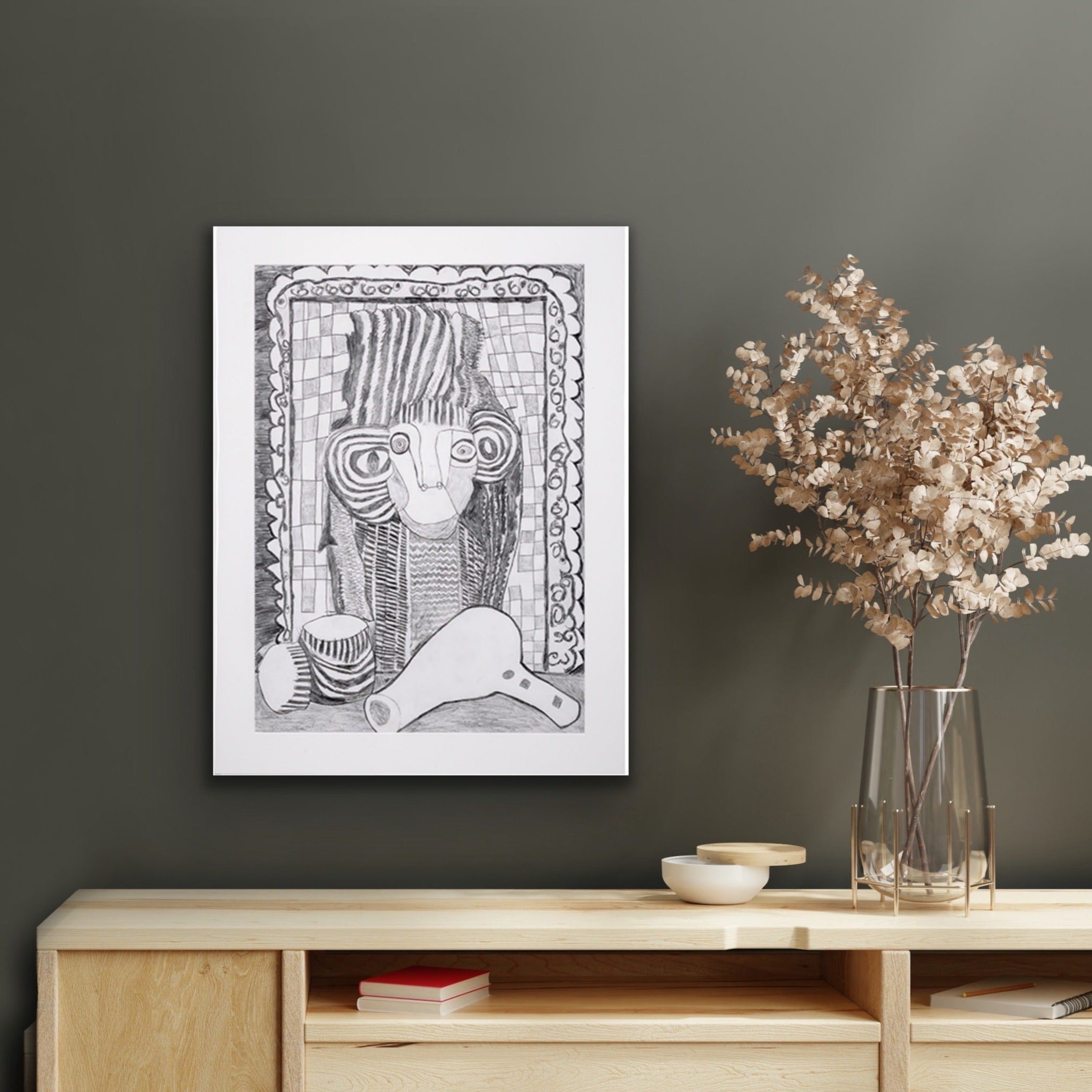Hand drawn picture in pencil of a woman and a hair dryer called Francesca in situ 