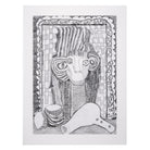 Hand drawn picture in pencil of a woman and a hair dryer called Francesca