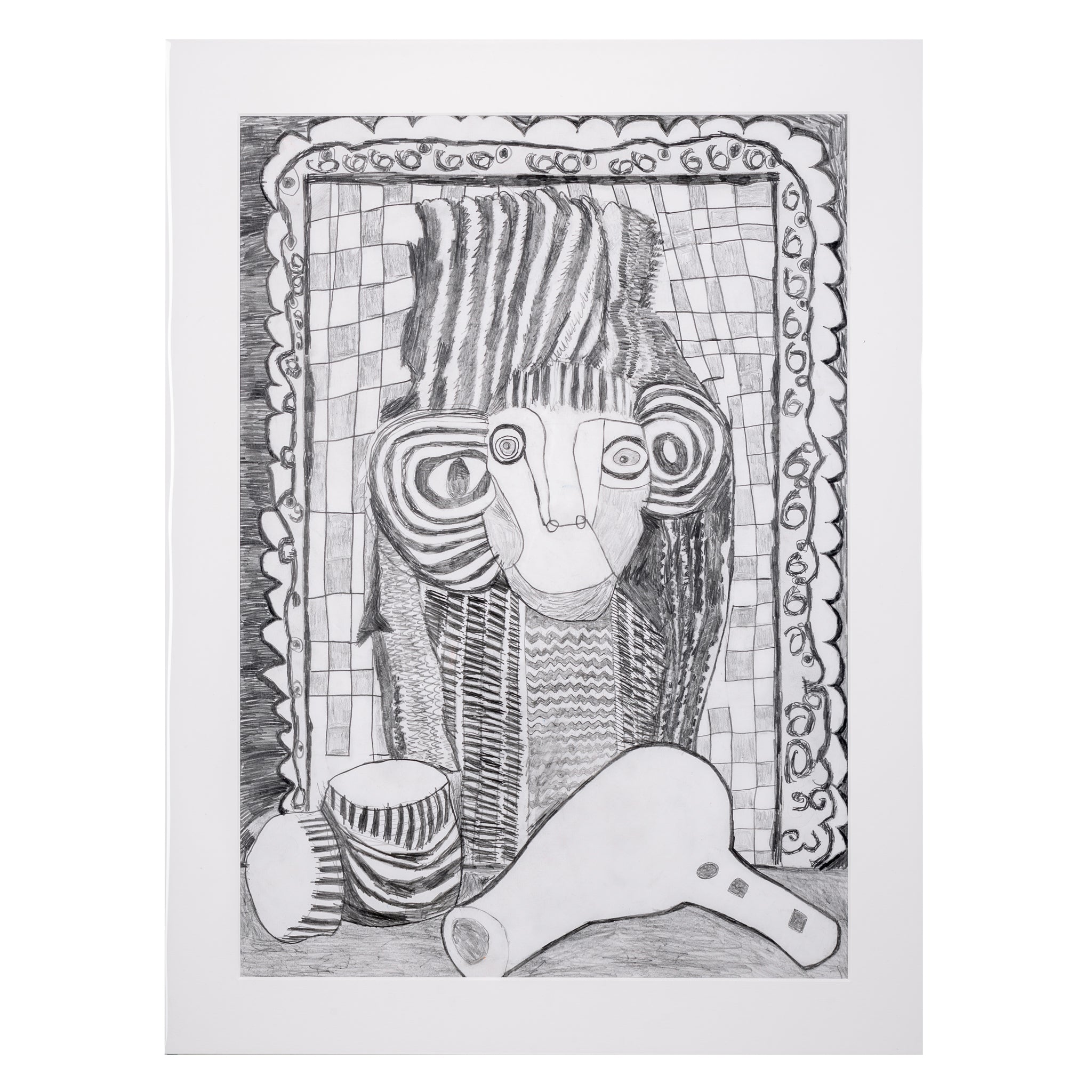 Hand drawn picture in pencil of a woman and a hair dryer called Francesca