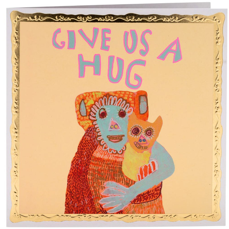 Colourful illustration of two animals hugging with text that reads 'Give us a hug'.