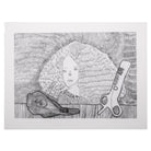 Hand drawn picture in pencil of a woman with large hair and scissors