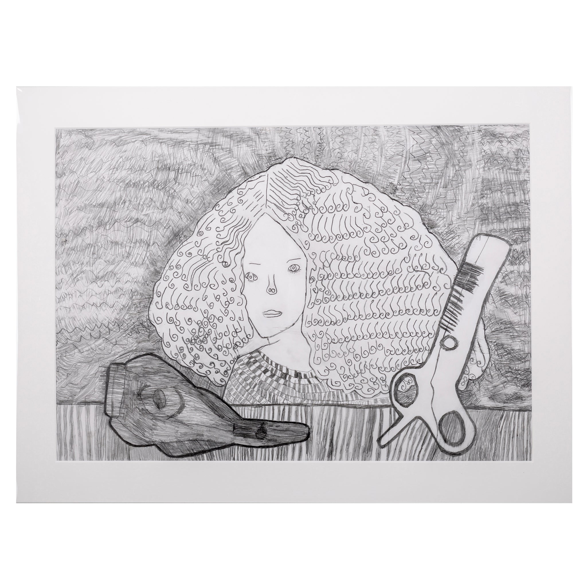 Hand drawn picture in pencil of a woman with large hair and scissors 
