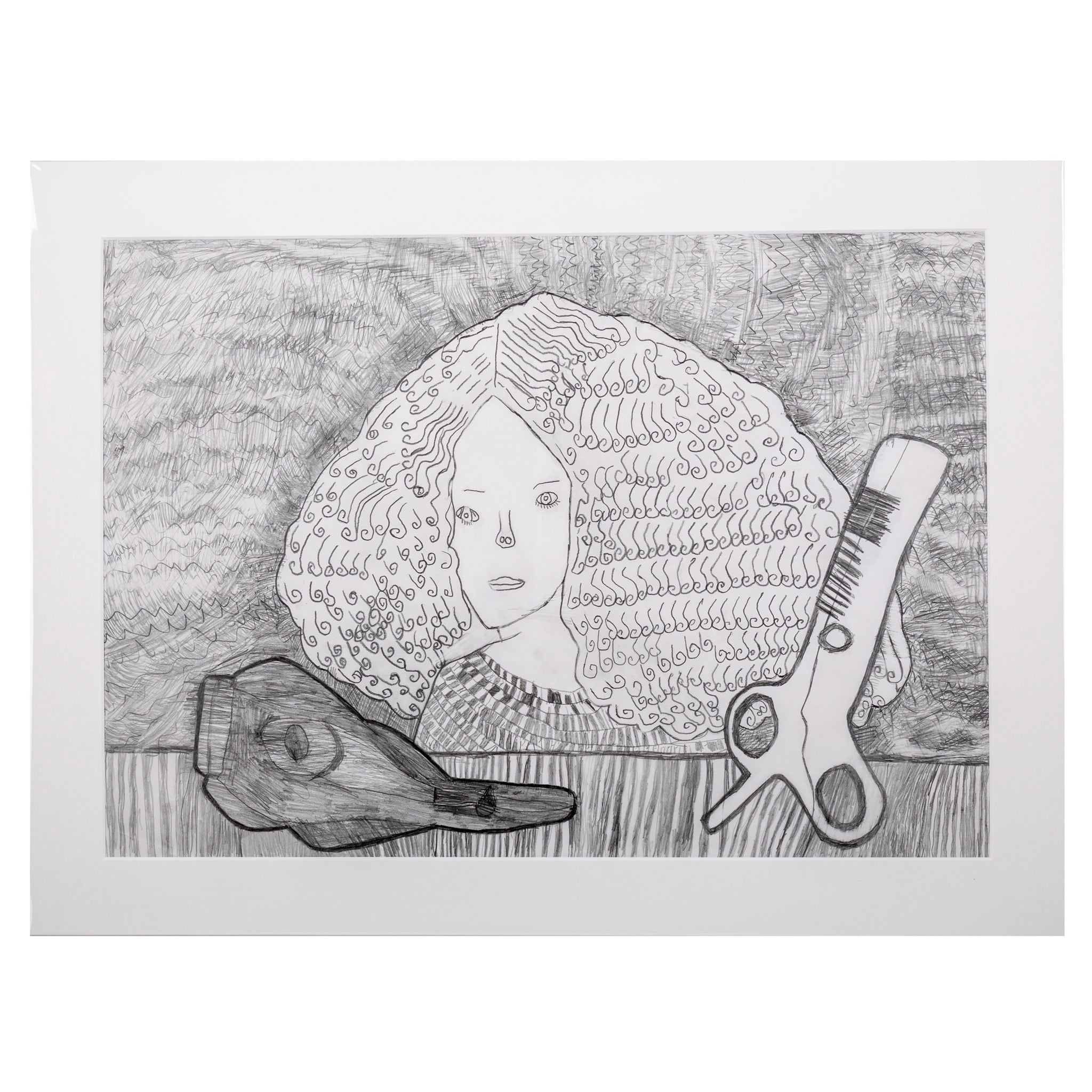 Hand drawn picture in pencil of a woman with large hair and scissors