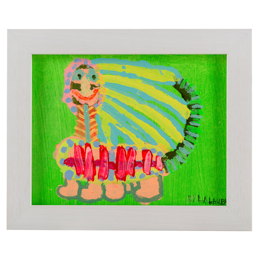 Colourful Green , yellow and pink painting of a caterpillar with a smiley face
