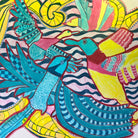 A close up on hand drawn birds in blue, yellow and pink pencil