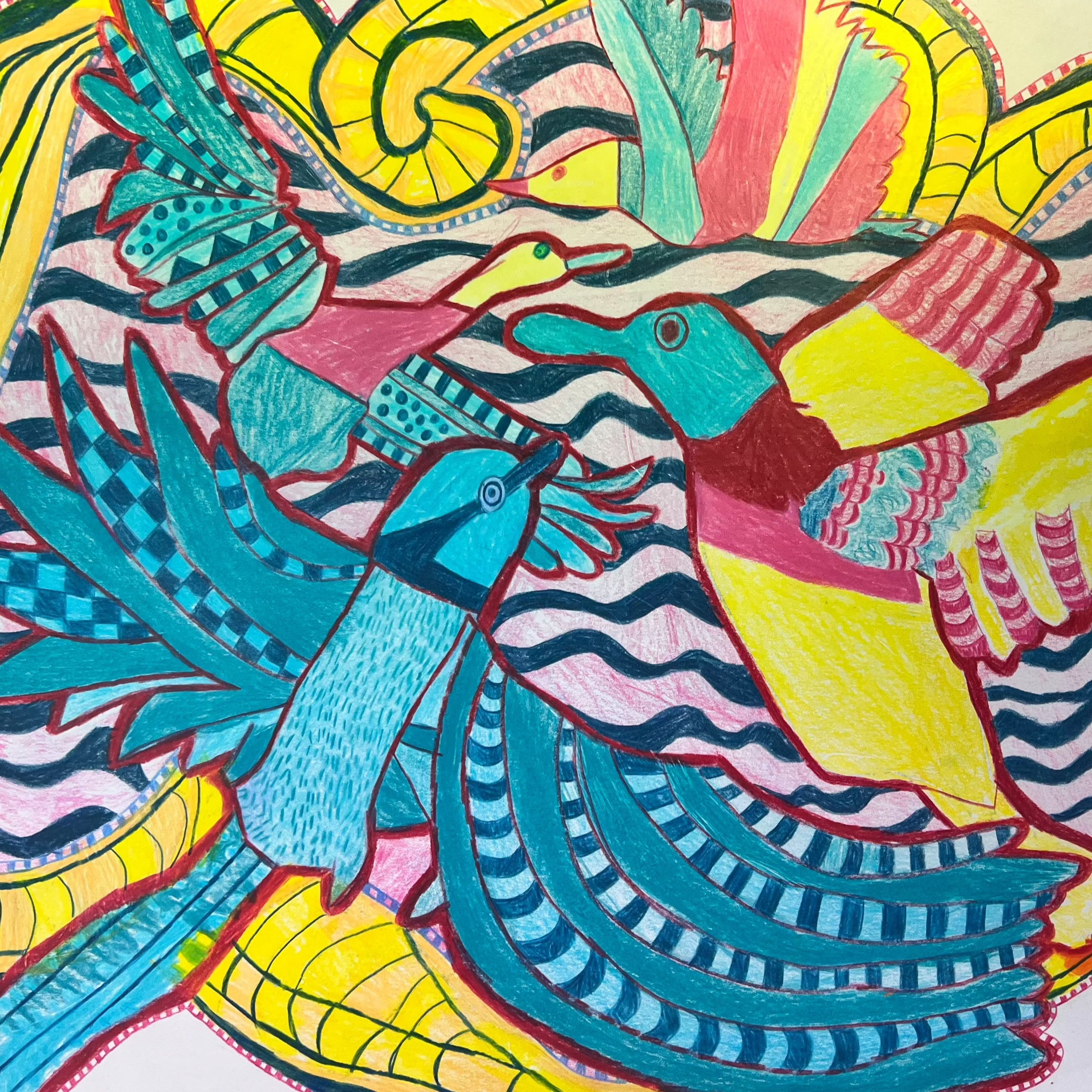 A close up on hand drawn birds in blue, yellow and pink pencil 